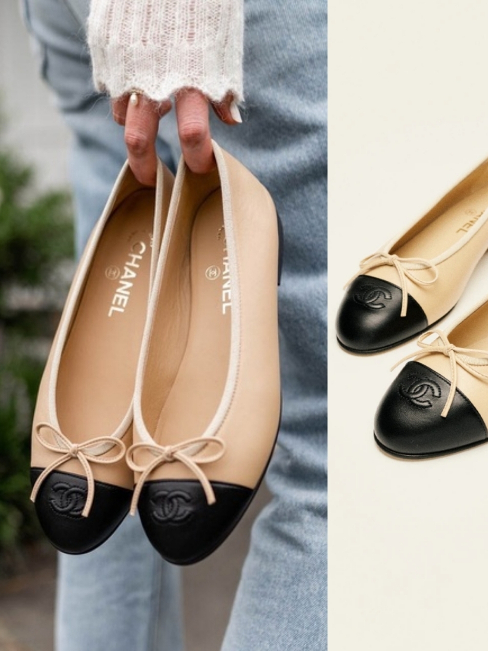 CHANEL Lambskin Cap Toe CC Ballerina Flats